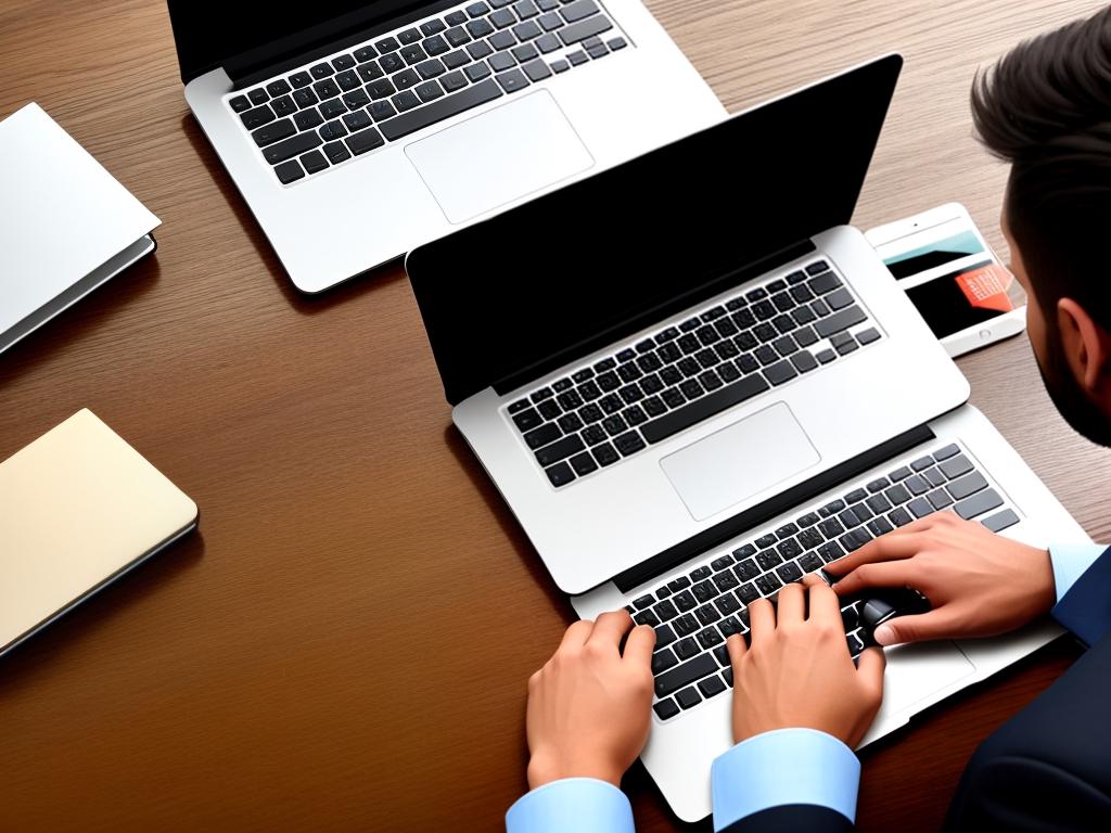 Image of a person working on a laptop with affiliate marketing keywords and icons around them, depicting the concept of affiliate marketing for someone visually impaired