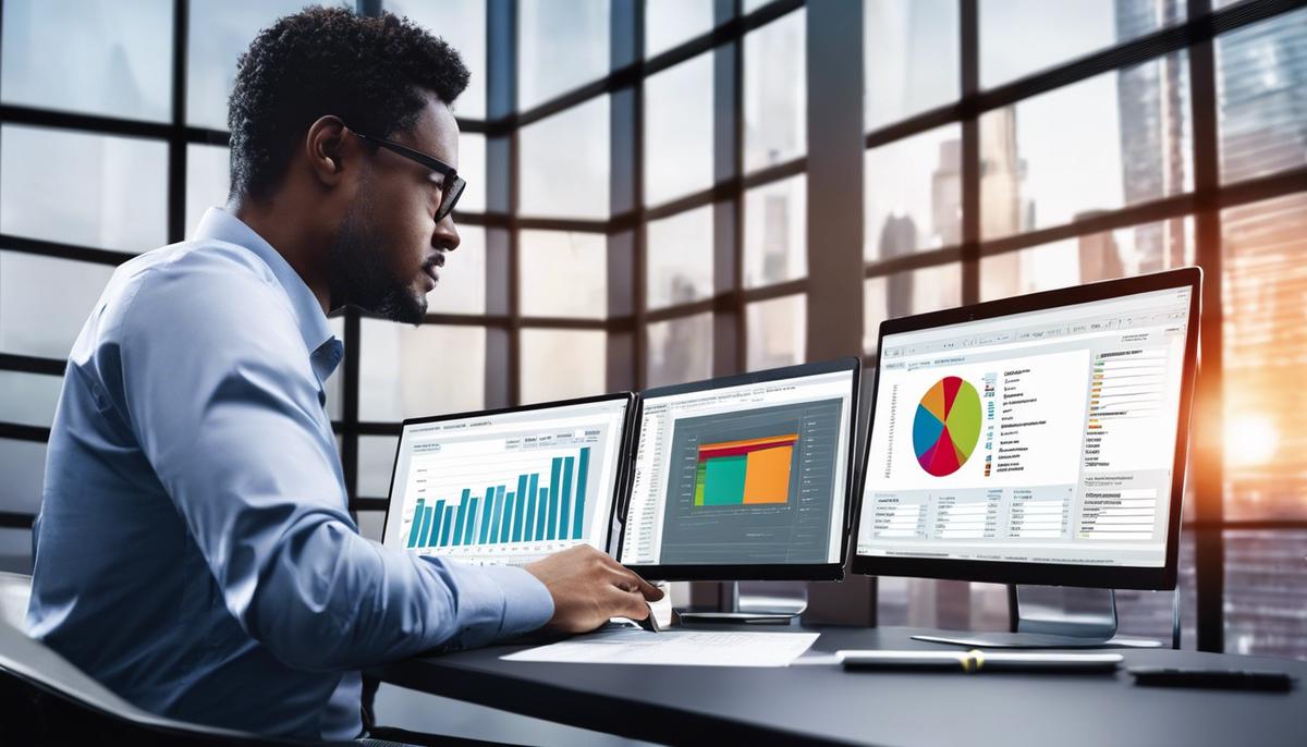 Image description: A person analyzing budgeting data on a computer screen.