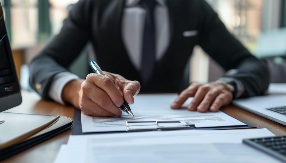 An entrepreneur signing official documents to register their business, with legal paperwork and a computer visible