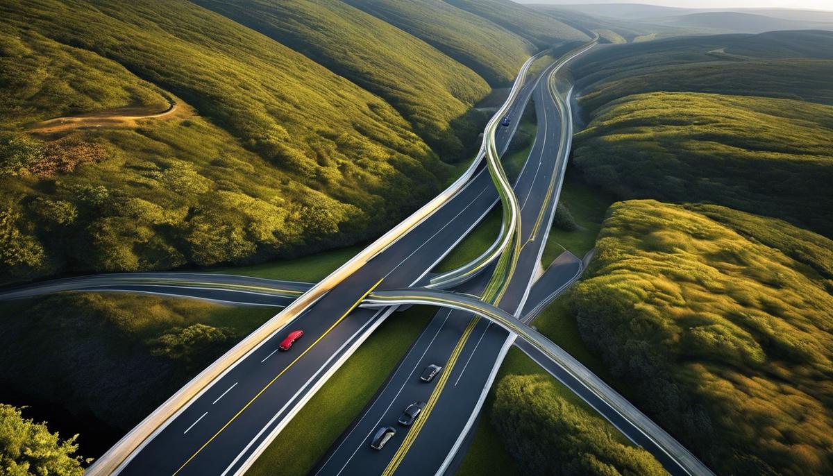 Image illustrating two diverging roads, representing the choice between leasing and buying a car.