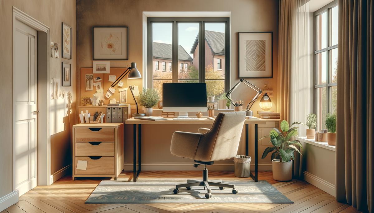 A cozy and well-organized home office with a desk, comfortable chair, and personal touches