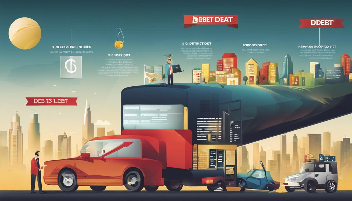 Illustration depicting different types of debt, including secured debt, unsecured debt, taxable debt, and tax-deductible debt.