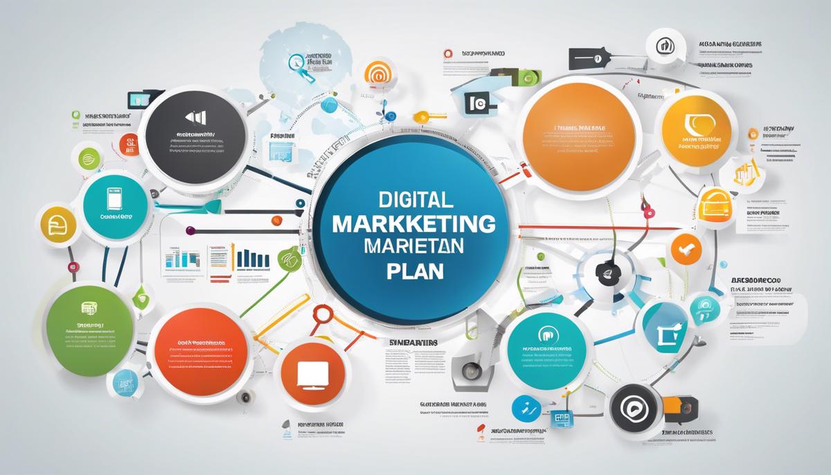 A visual representation of a digital marketing plan, showing various interconnected strategies and tools.