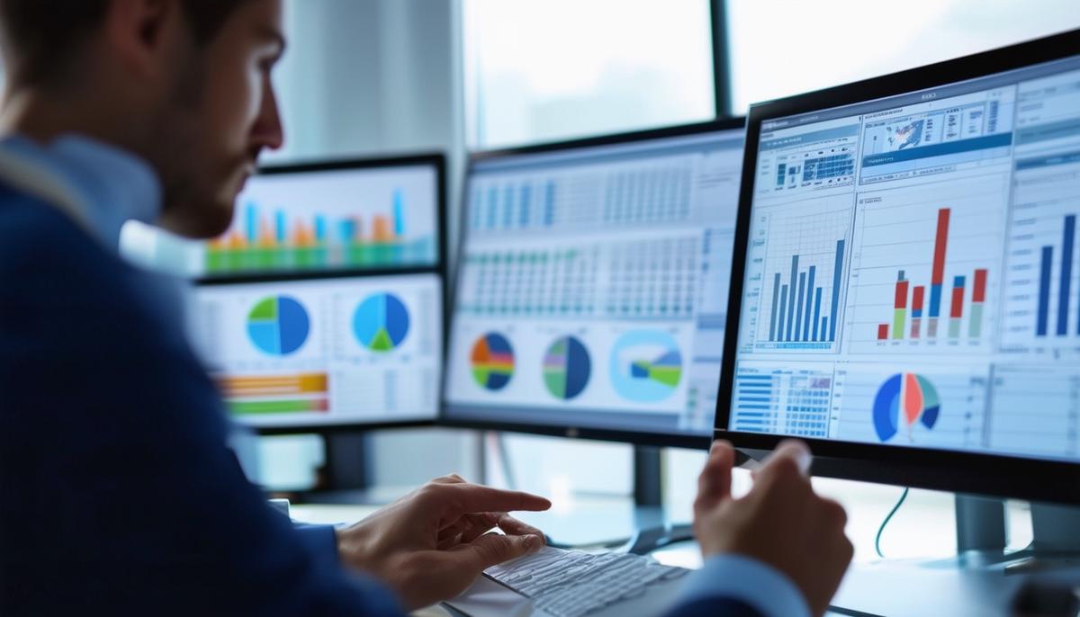 A person analyzing supplier data on multiple computer screens, with charts and graphs displaying various metrics for supplier evaluation