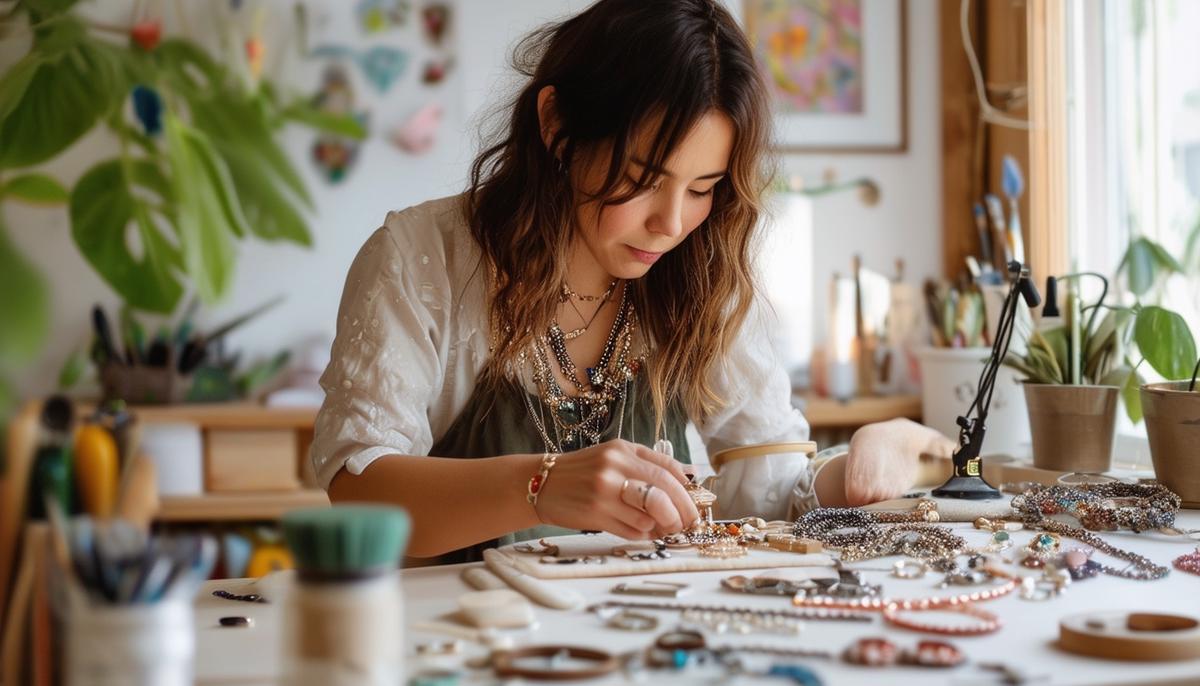 An Etsy seller creating handmade jewelry in their home studio