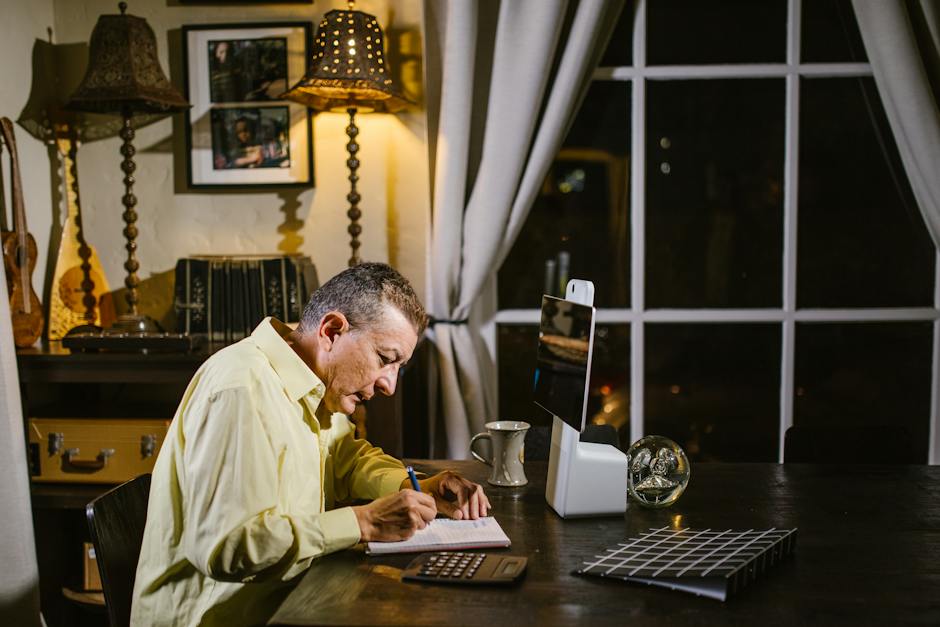 Image of a freelancer working on financial strategies, with charts and graphs surrounding them.