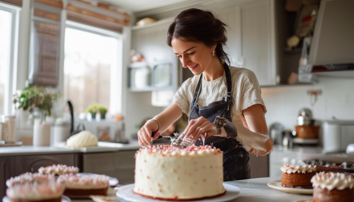 A home baker decorating a custom cake in their kitchen