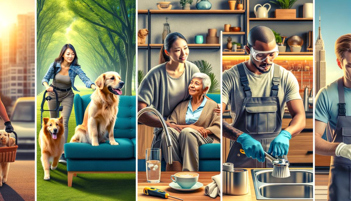 A montage of home and personal services, featuring pet sitting, house cleaning, and handyman work