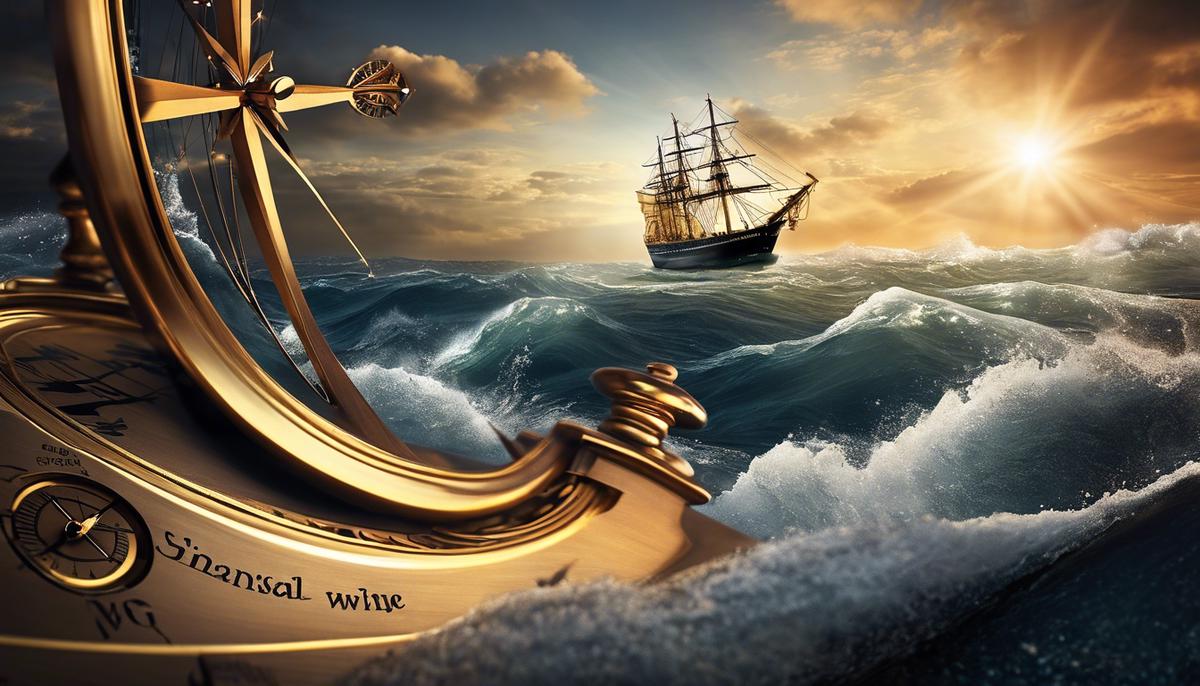 An image showing a compass and a ship navigating through a sea, representing the importance of setting financial goals to guide one's journey towards financial success.