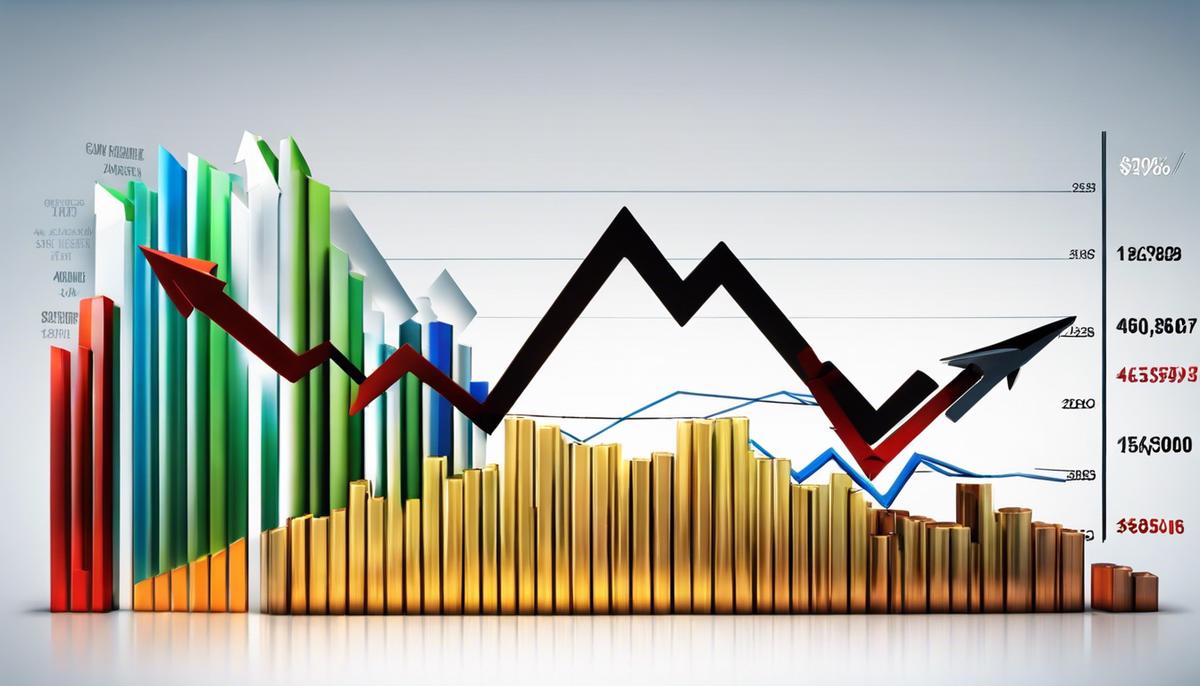 An image depicting the concept of market trends in real estate, showing a graph with upward arrows indicating growth and success.