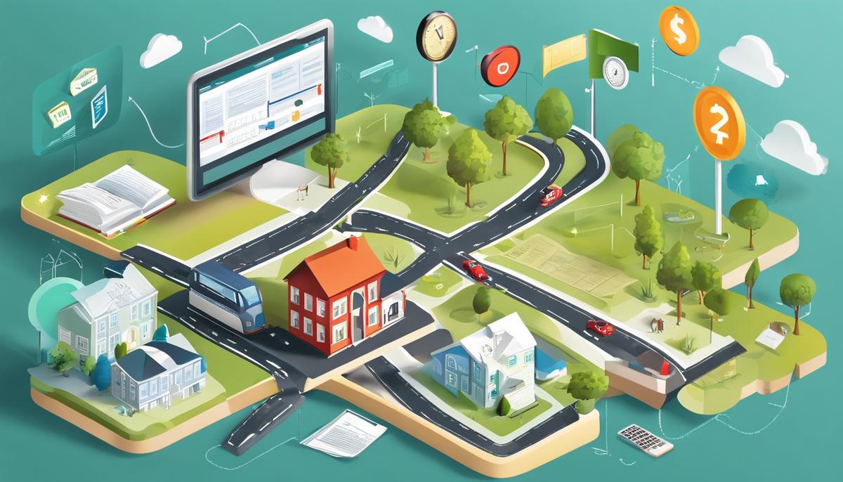 An image illustrating the key concepts in personal finance, depicting a roadmap with various icons representing budgeting, saving, investing, diversification, insurance, debt management, and tax planning.