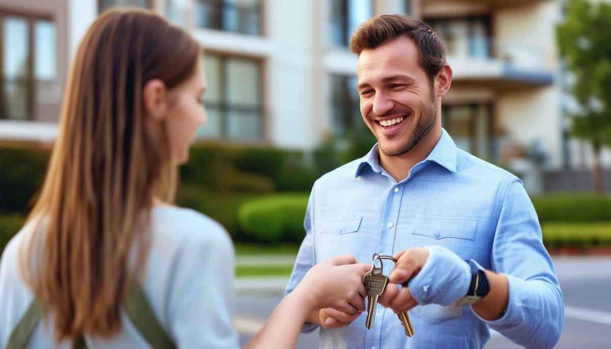 A property manager handing keys to a smiling tenant in front of a well-maintained apartment building