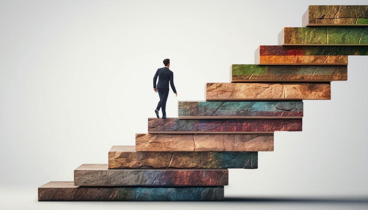 A freelance writer climbing a staircase of success with various scaling strategies represented on each step