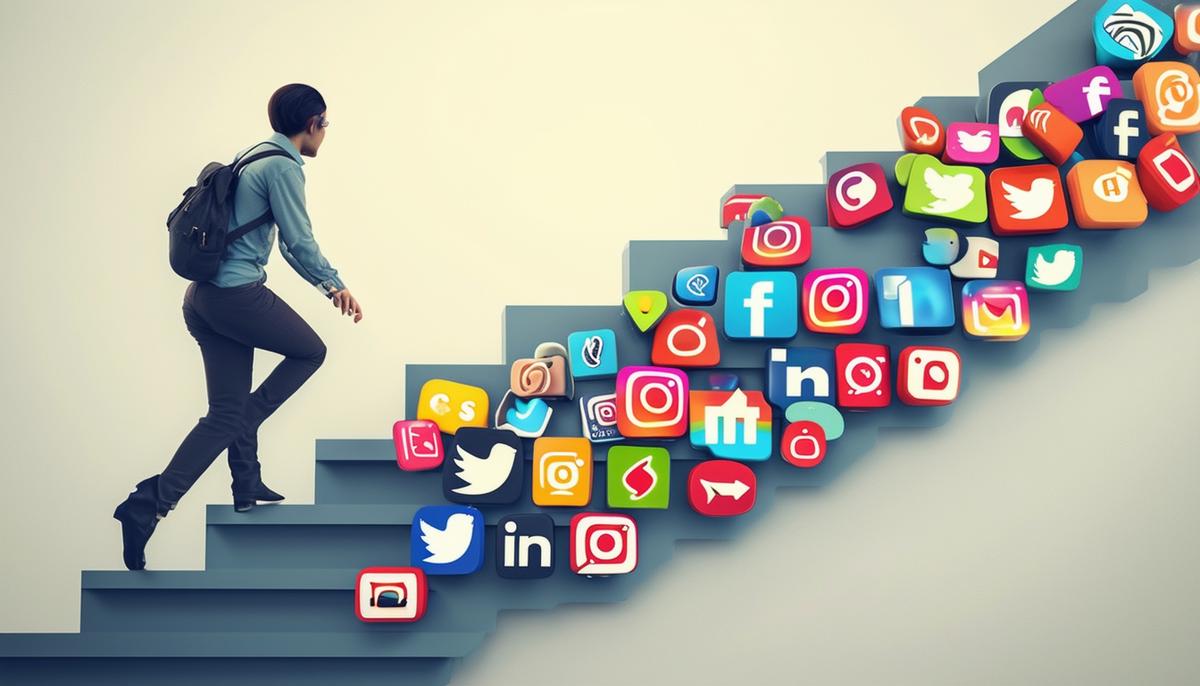 A person climbing a staircase made of social media icons, representing the steps to become a social media consultant