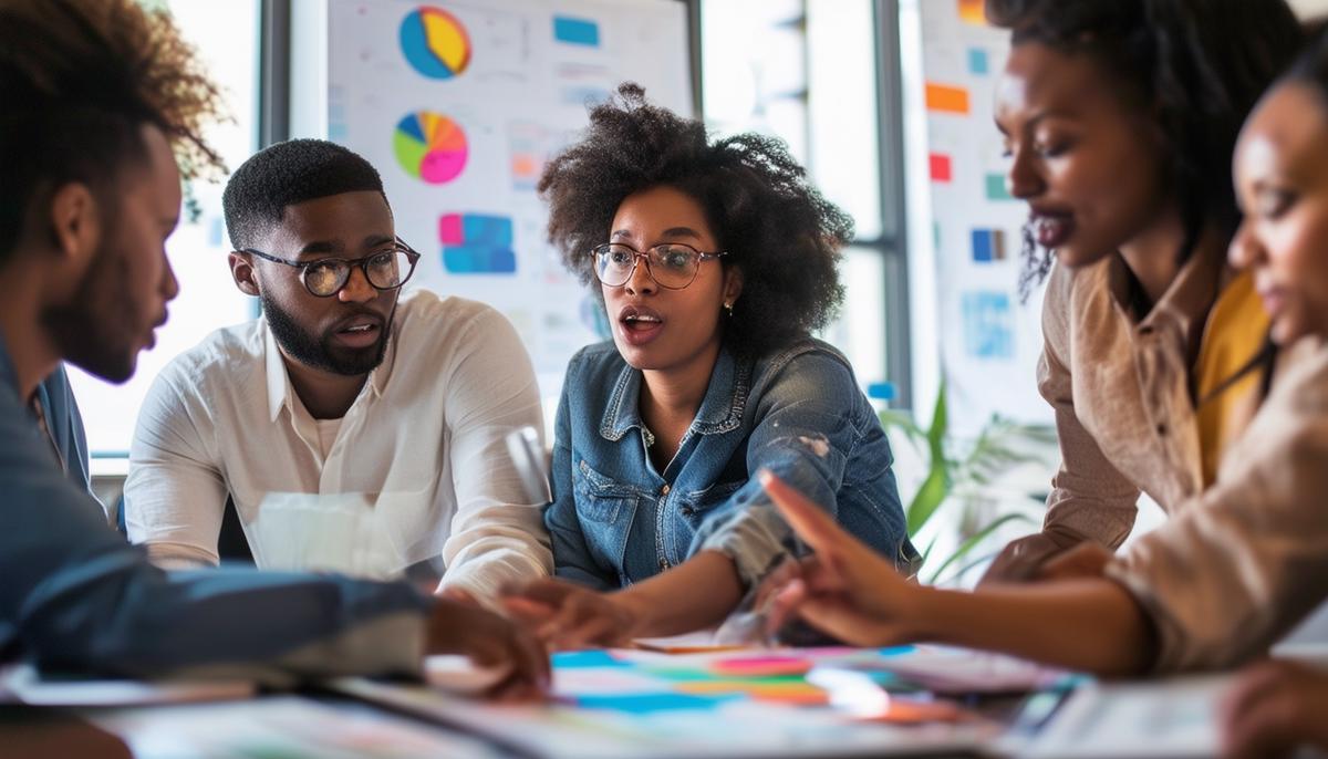 A group of diverse social media consultants collaborating on a digital strategy board