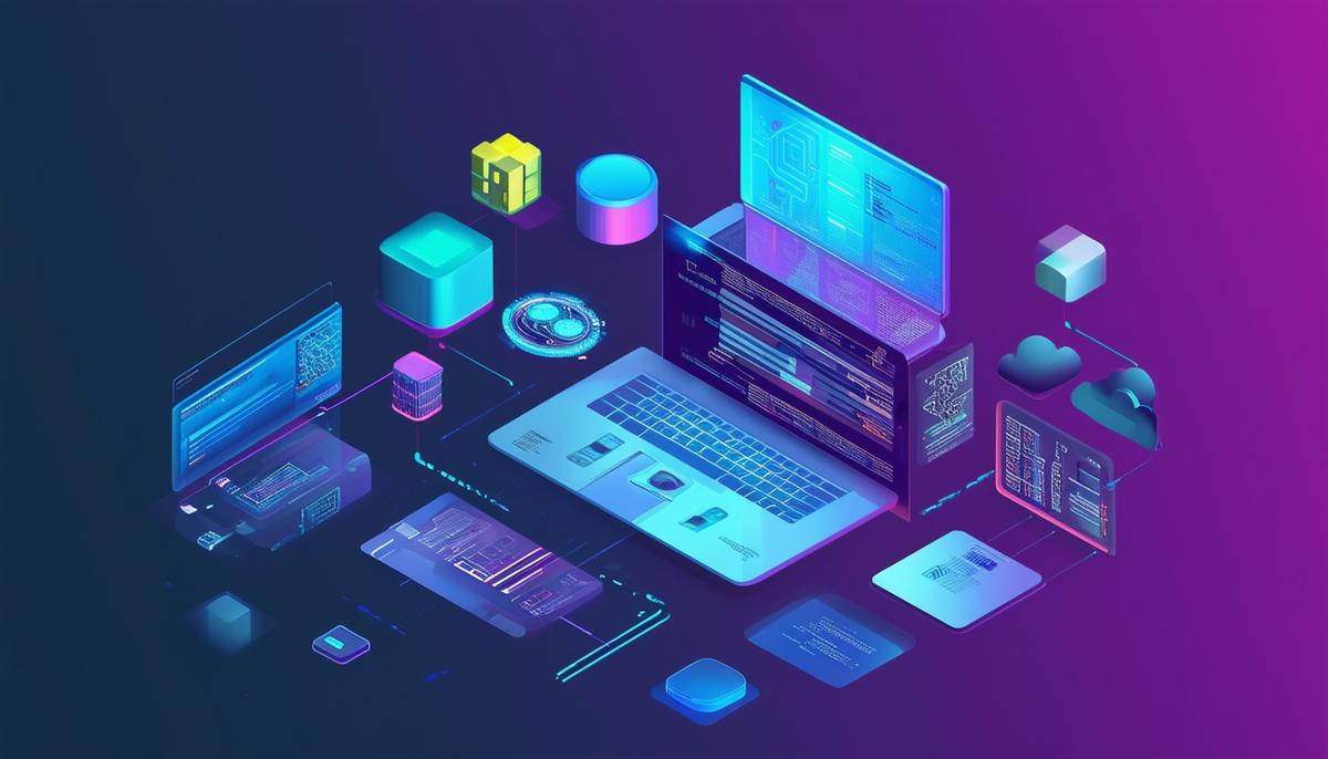 A 3D visualization of various technology stack components used in web development