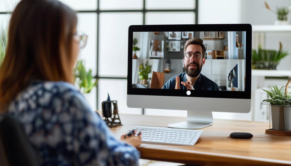 A professional consultant conducting a video call with clients from their home office