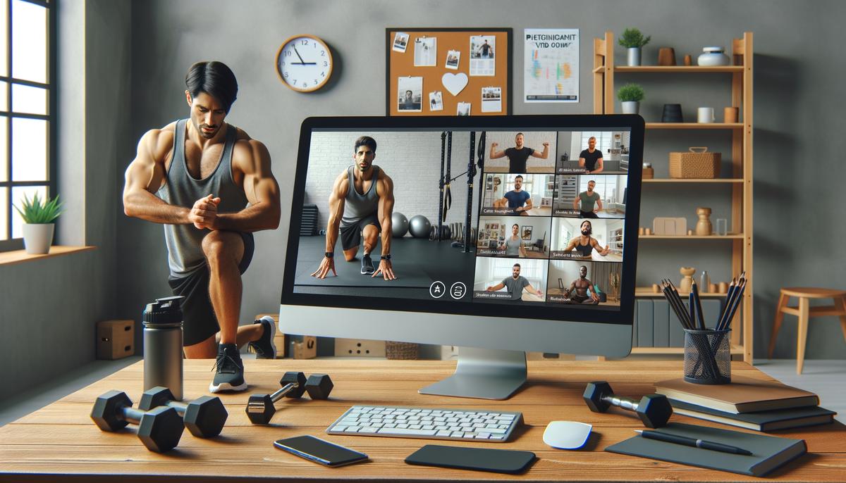 An online fitness coach conducting a virtual training session from their home gym