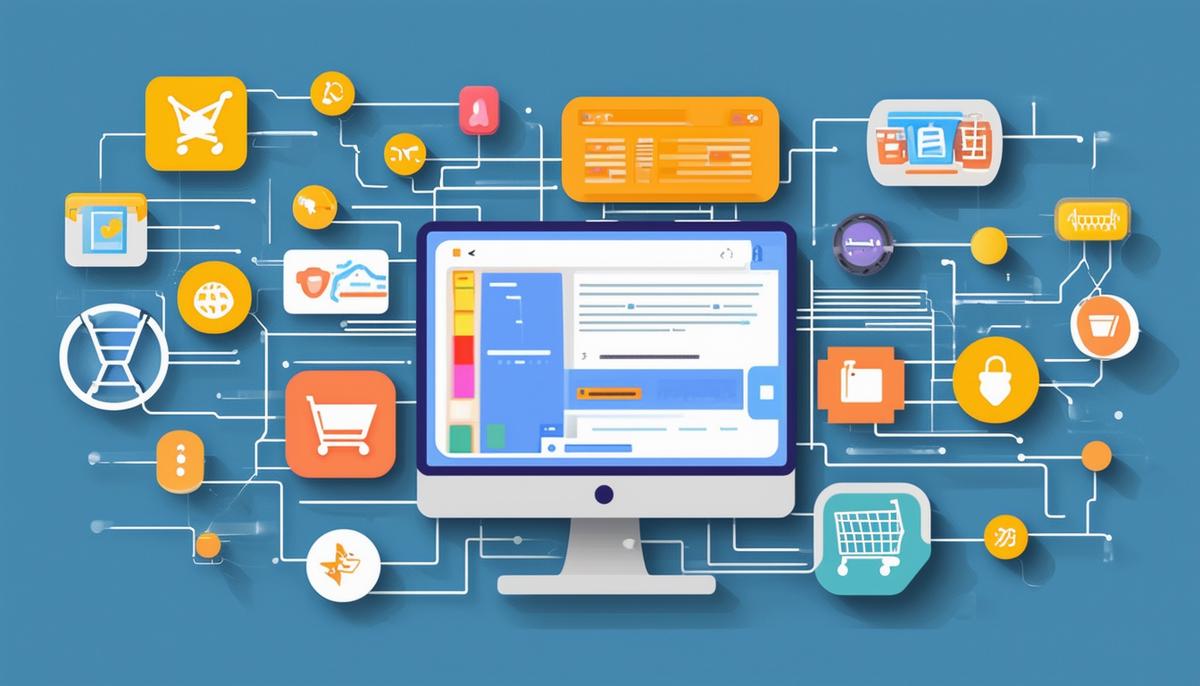 A visual representation of web development fundamentals showing interconnected icons representing websites, web applications, and e-commerce platforms